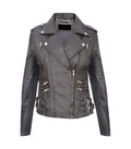 A dark gray real leather biker jacket with silver hardware, featuring an asymmetrical zipper, shoulder epaulets and buckle details on the lower front, shown against a plain white background.