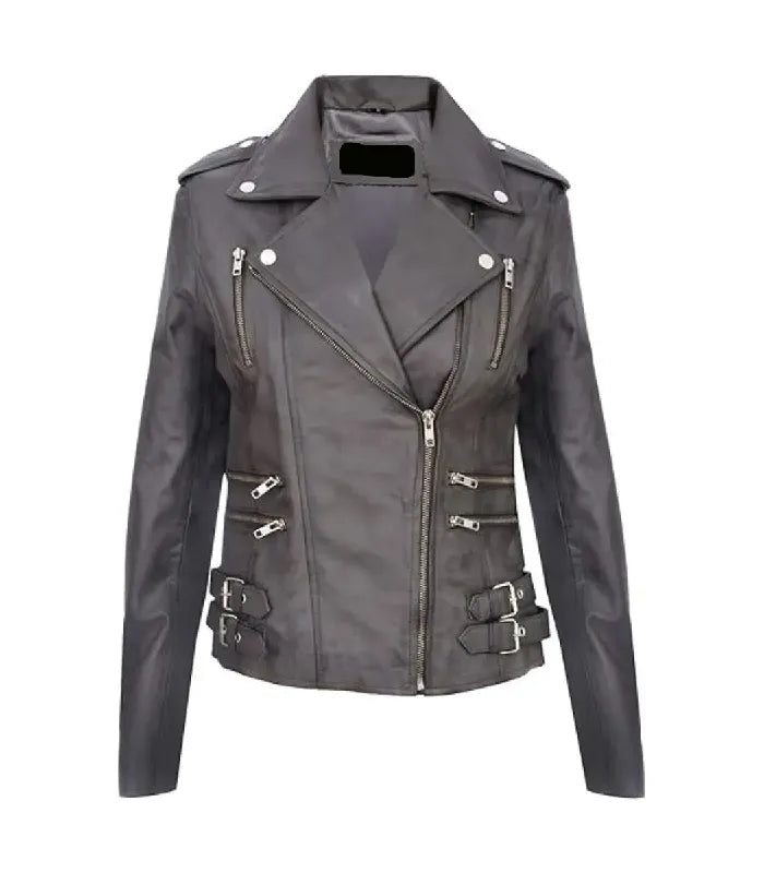 A dark gray real leather biker jacket with silver hardware, featuring an asymmetrical zipper, shoulder epaulets and buckle details on the lower front, shown against a plain white background.