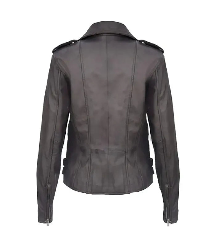 Rear view of Ella grey leather biker jacket featuring clean structured paneling, shoulder epaulets, zippered cuffs, and side adjustment straps.