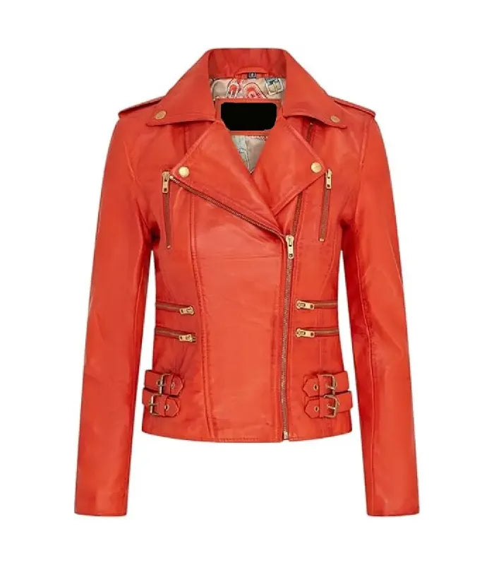 A bright orange real leather motorcycle jacket with gold-tone hardware, shown on a plain white background.