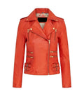 A bright orange real leather motorcycle jacket with gold-tone hardware, shown on a plain white background.