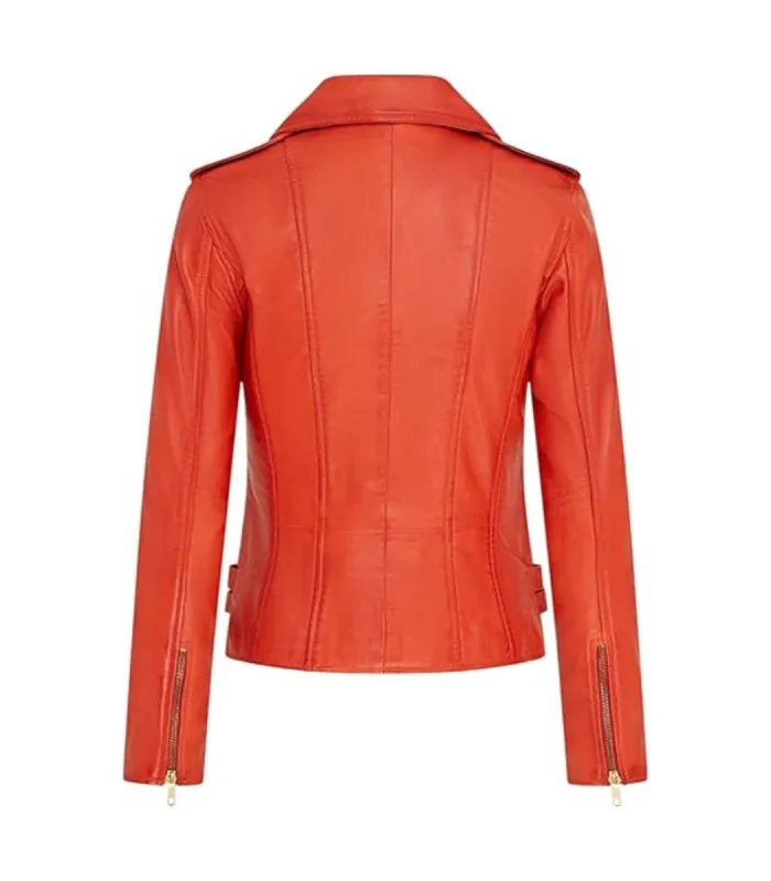 Rear view of Ella orange leather biker jacket featuring clean structured paneling, shoulder epaulets, zippered cuffs, and side adjustment straps.