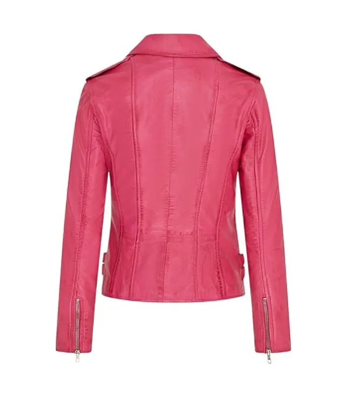 Rear view of Ella pink leather biker jacket featuring clean structured paneling, shoulder epaulets, zippered cuffs, and side adjustment straps.