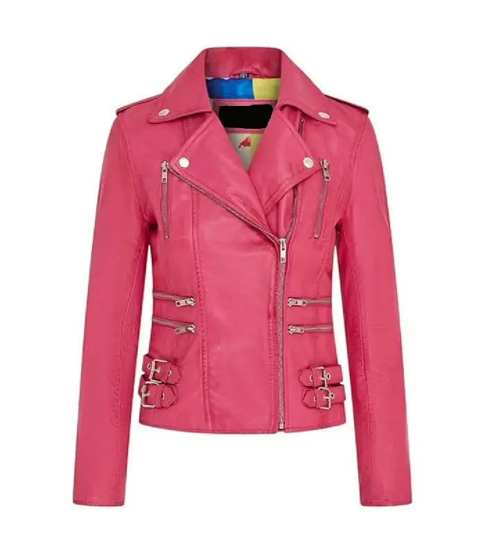 Front view of Ella pink leather biker jacket featuring asymmetrical zipper, lapel collar, multi-zipper pockets, and side buckles.