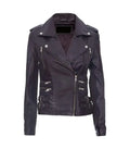 A purple leather biker jacket with silver hardware, featuring an asymmetrical zipper, shoulder epaulets and side buckle details, shown against a plain white background.
