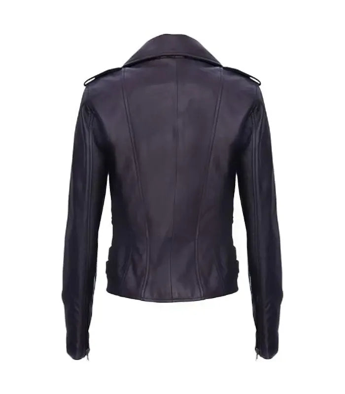 Rear view of Ella purple leather biker jacket featuring clean structured paneling, shoulder epaulets, zippered cuffs, and side adjustment straps.