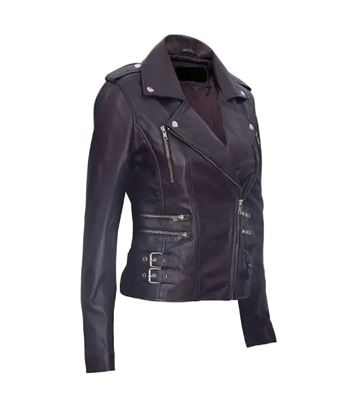 Three-quarter view of Ella purple leather biker jacket showcasing deep purple shade, silver zippers, side buckles, and inner lining.