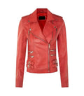 Front view of Ella red leather biker jacket featuring asymmetrical zipper, lapel collar, multi-zipper pockets, and side buckles.