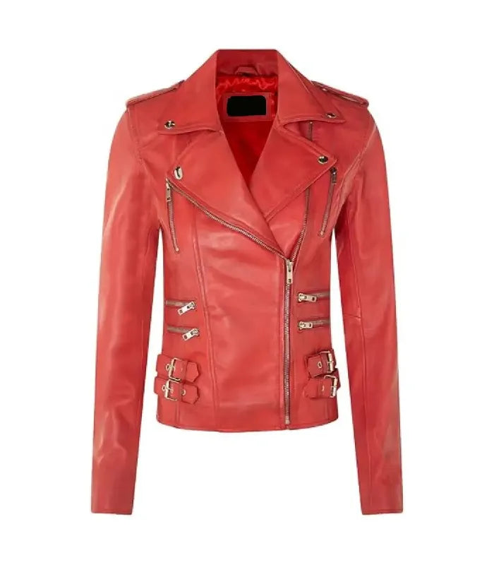 Front view of Ella red leather biker jacket featuring asymmetrical zipper, lapel collar, multi-zipper pockets, and side buckles.