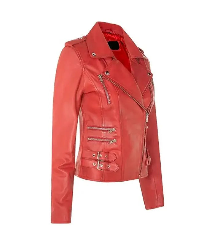 Angled view of Ella red leather biker jacket showcasing structured fit, silver zippers, side buckles and inner red lining.