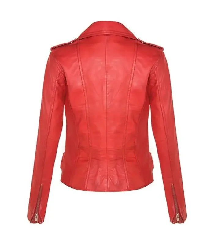 Rear view of Ella red leather biker jacket featuring clean structured paneling, shoulder epaulets, zippered cuffs, and side adjustment straps.