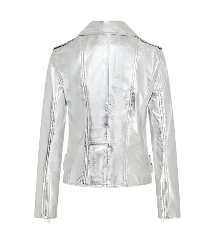 Rear view of Ella silver leather biker jacket featuring clean structured paneling, shoulder epaulets, zippered cuffs, and side adjustment straps.