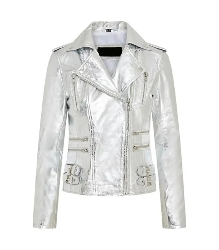 Front view of Ella silver leather biker jacket featuring asymmetrical zipper, lapel collar, multi-zipper pockets, and side buckles.
