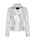 Front view of Ella silver leather biker jacket featuring asymmetrical zipper, lapel collar, multi-zipper pockets, and side buckles.