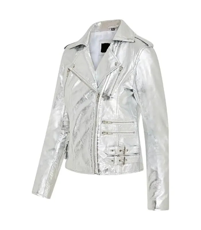 Three-quarter view of Ella silver leather biker jacket showcasing metallic finish, silver zippers, side buckles, and inner white lining.
