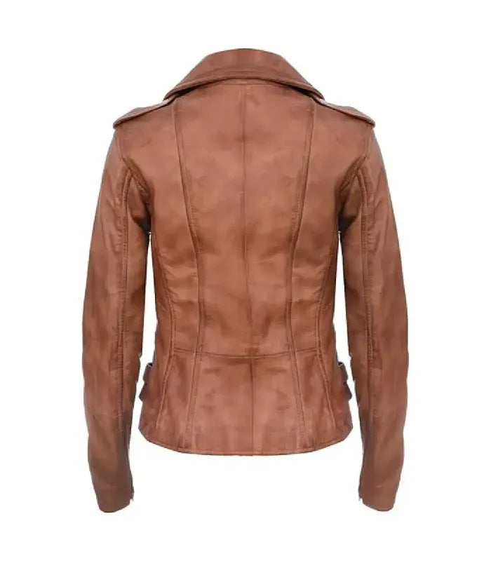 Rear view of Ella tan leather biker jacket featuring clean structured paneling, shoulder epaulets, zippered cuffs, and side adjustment straps.
