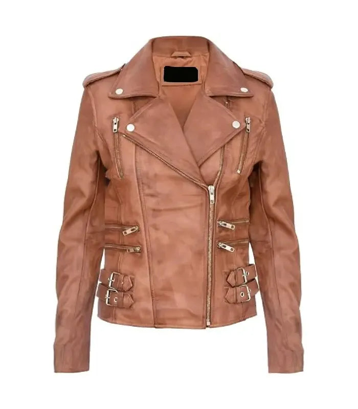 Front view of Ella tan leather biker jacket featuring asymmetrical zipper, lapel collar, multi-zipper pockets, and side buckles.