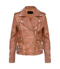 Front view of Ella tan leather biker jacket featuring asymmetrical zipper, lapel collar, multi-zipper pockets, and side buckles.