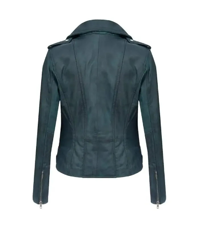Rear view of Ella teal leather biker jacket featuring clean structured paneling, shoulder epaulets, zippered cuffs, and side adjustment straps.