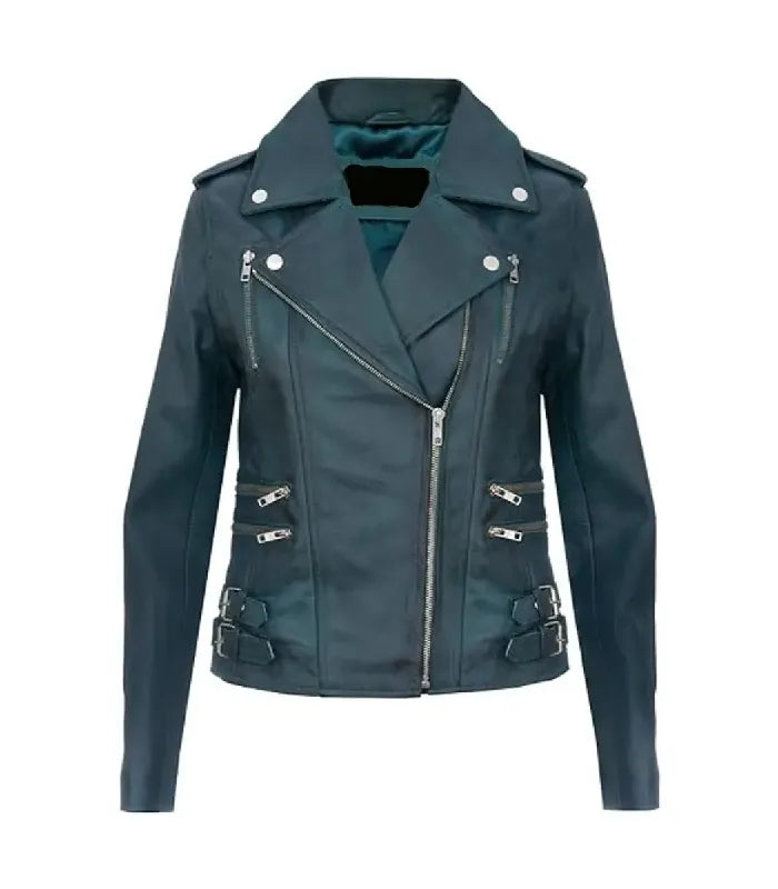 Front view of Ella teal leather biker jacket featuring asymmetrical zipper, lapel collar, multi-zipper pockets, and side buckles.