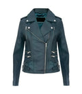Front view of Ella teal leather biker jacket featuring asymmetrical zipper, lapel collar, multi-zipper pockets, and side buckles.
