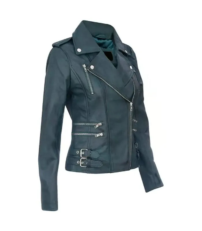 A women's dark teal real leather biker jacket with silver hardware, shown on a plain white background.