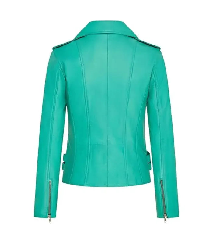 Rear view of Ella turquoise leather biker jacket featuring clean structured paneling, shoulder epaulets, zippered cuffs, and side adjustment straps.