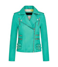 A turquoise real leather biker jacket with silver hardware, featuring an asymmetrical zipper, shoulder epaulets, and buckle details on the front, displayed against a solid white background.