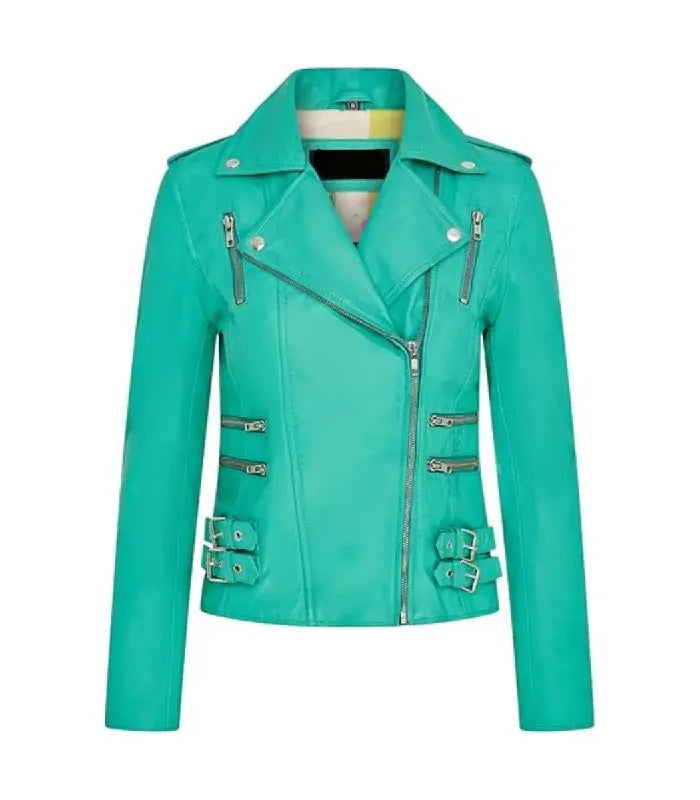 A turquoise real leather biker jacket with silver hardware, featuring an asymmetrical zipper, shoulder epaulets, and buckle details on the front, displayed against a solid white background.