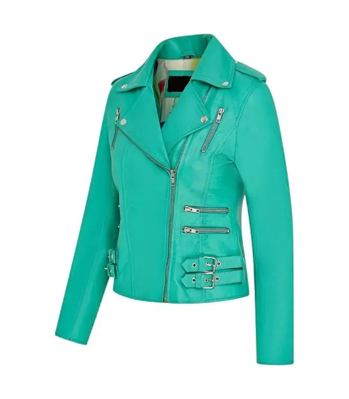 A bright turquoise green leather biker jacket with silver hardware, shown on a plain white background.