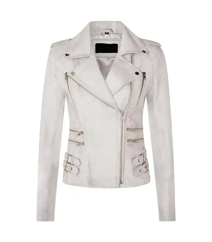 A white leather biker jacket with silver hardware, featuring an asymmetrical zipper, shoulder epaulets, and multiple zippered pockets, shown against a plain white background.