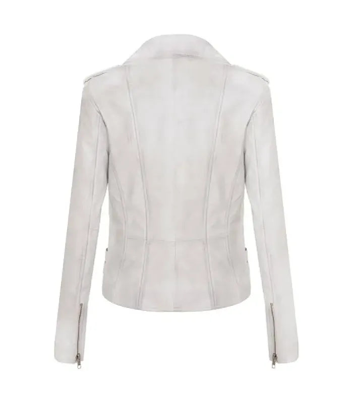 Rear view of Ella white leather biker jacket featuring clean structured paneling, shoulder epaulets, zippered cuffs, and side adjustment straps.