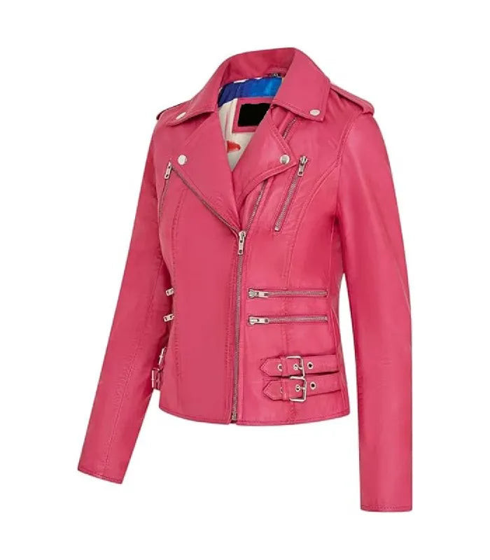 Three-quarter view of Ella pink leather biker jacket showcasing vibrant pink shade, silver zippers, side buckles and inner lining.