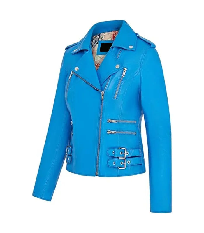 Three-quarter view of Ella blue leather biker jacket showcasing electric blue tone, silver zippers, side buckles, and inner lining.