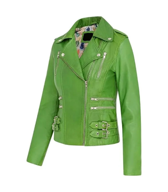 Angled view of Ella green leather biker jacket showcasing vibrant green tone, silver zippers, side buckles and inner lining.