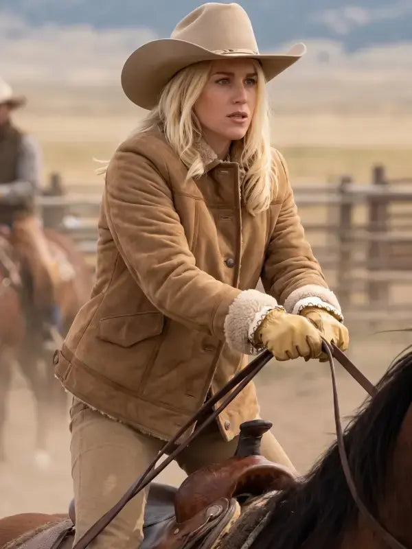 Marshals Ellyn Jameson brown suede jacket on horseback with button front and shearling-style cuffs