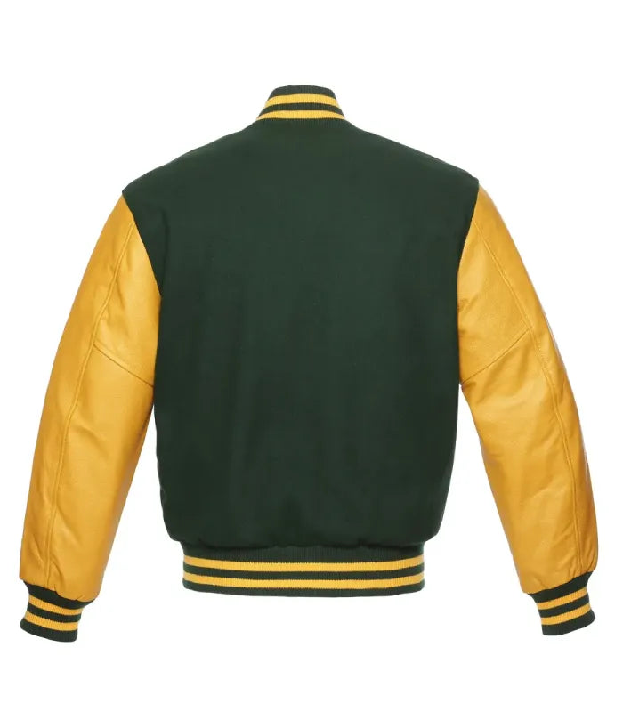 Full back view of forest green wool varsity jacket with gold leather sleeves and gold striped ribbing.