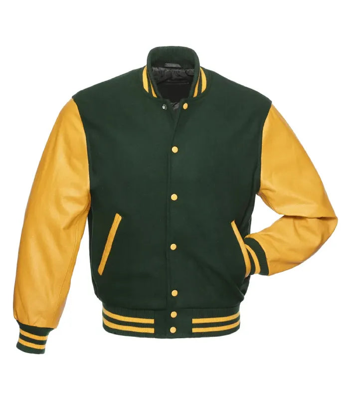 Direct front profile of forest green letterman jacket featuring gold genuine leather arms and striped collar.