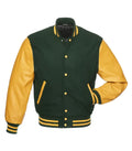 Direct front profile of forest green letterman jacket featuring gold genuine leather arms and striped collar.