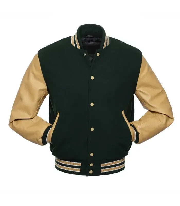 front profile highlighting tan leather slash pocket welts, matching tan snap buttons, and green wool body.