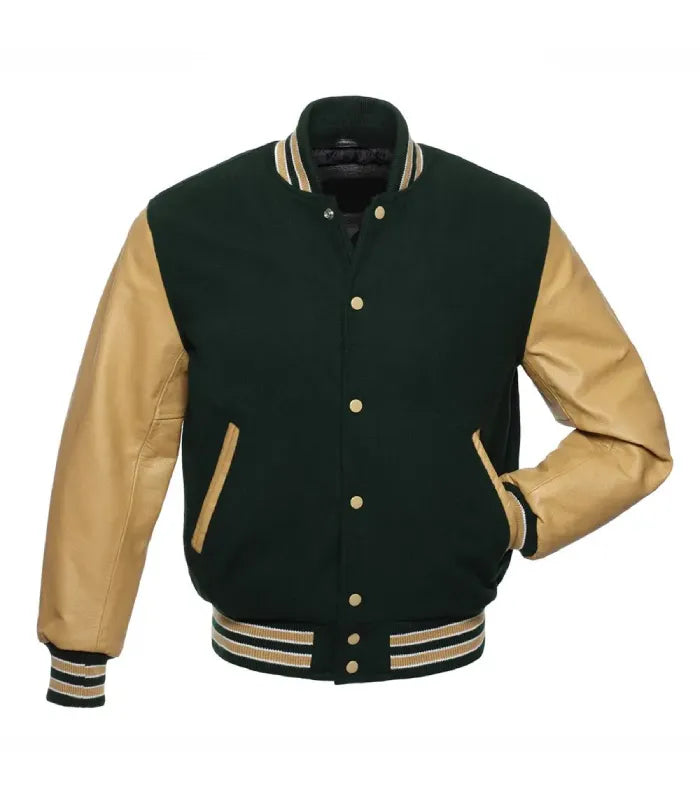 Direct front perspective of forest green varsity letterman jacket featuring tan real leather sleeves and striped collar.