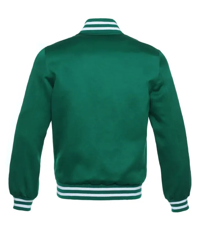 Rear view of a forest green satin varsity jacket showcasing smooth satiny back finish with white striped rib-knit collar, cuffs, and hem waistband.