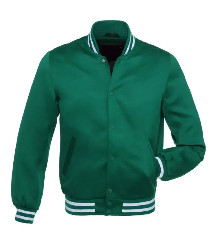 A green varsity-style jacket with white striped ribbed collar, cuffs, and hem, shown on a plain white background.