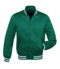 A green varsity-style jacket with white striped ribbed collar, cuffs, and hem, shown on a plain white background.