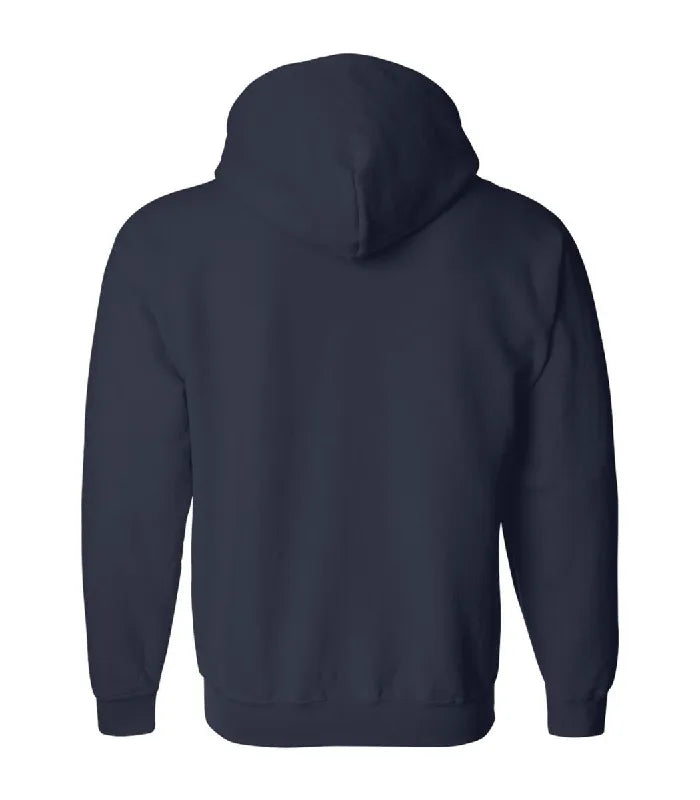A dark navy blue full zip hoodie shown from the back, displayed on a clean white background.