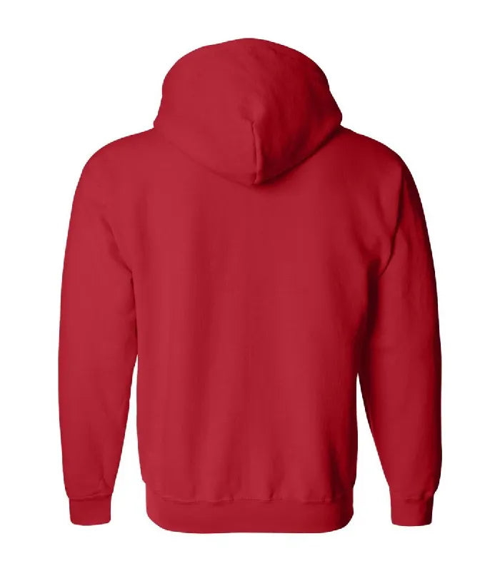 Rear view of red full zip hoodie featuring a clean fleece back panel, attached hood, long sleeves, and fitted ribbed waist hemline.