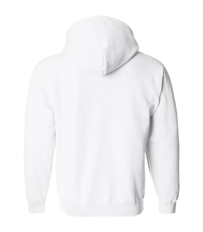 Rear view of White Full Zip Hoodie featuring a clean fleece back panel, attached hood, long sleeves, and fitted ribbed waist hemline.