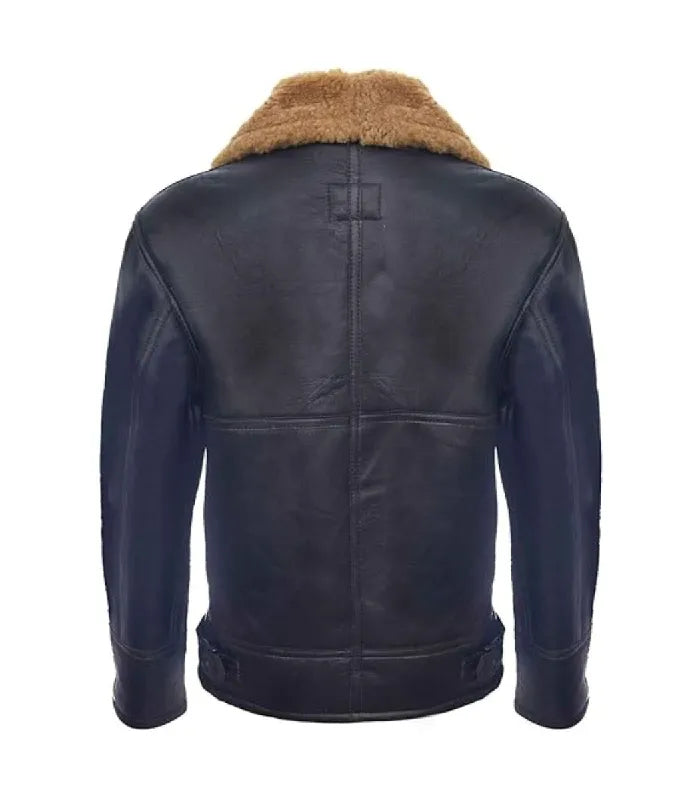 Rear view of a Ginger Black Leather Bomber Shearling Aviator Jacket displaying cross-panel back stitching and adjustable side waist buckles.
