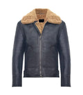 Front view of a Ginger Black Leather Bomber Shearling Aviator Jacket featuring a full-zip front closure, ginger shearling collar, and throat latch.