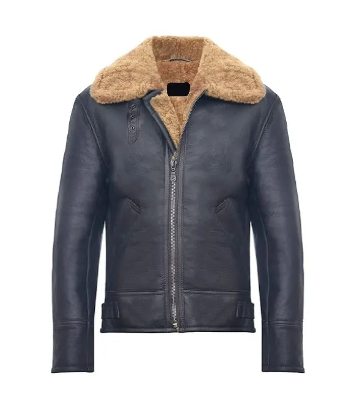 Front view of a Ginger Black Leather Bomber Shearling Aviator Jacket featuring a full-zip front closure, ginger shearling collar, and throat latch.